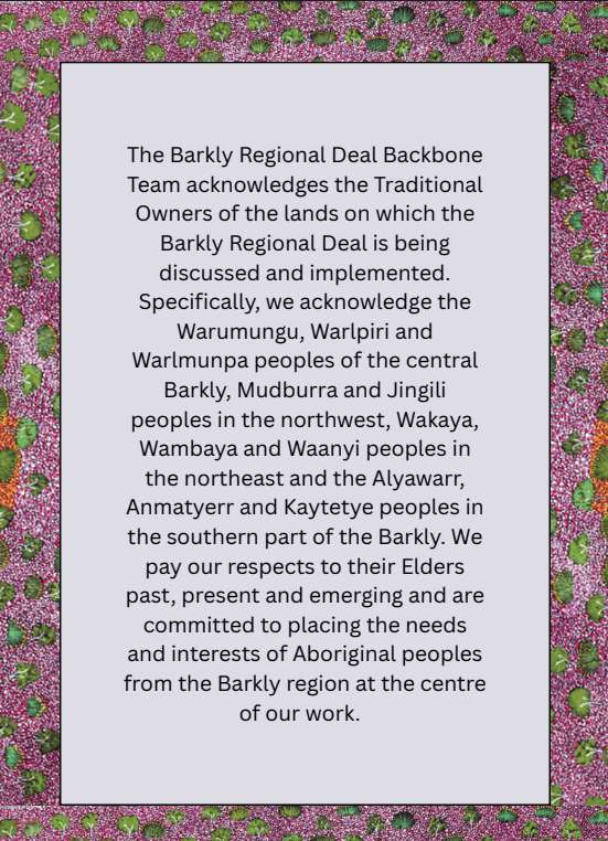 Formal acknowledgment text on a light gray panel framed by a pink patterned border, recognizing the Traditional Owners and Indigenous groups of the Barkly region and pledging respect to Elders.